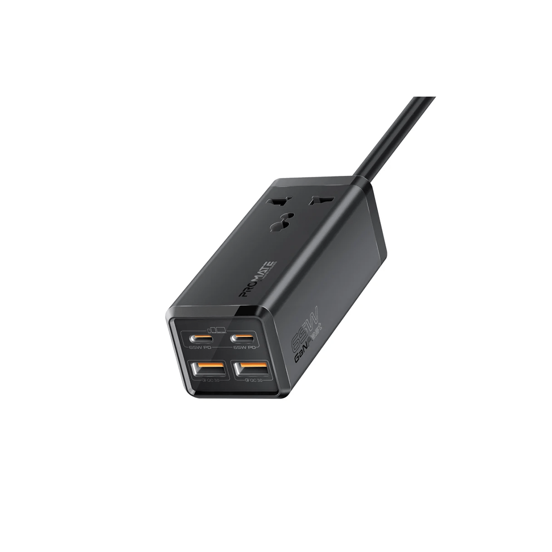 Promate PowerBrix-GaN65 65W GaNFast™ Multi-Port Power Strip with Universal AC Socket in Qatar Promate PowerBrix-GaN65 65W GaNFast™ Multi-Port Power Strip with Universal AC Socket in Qatar